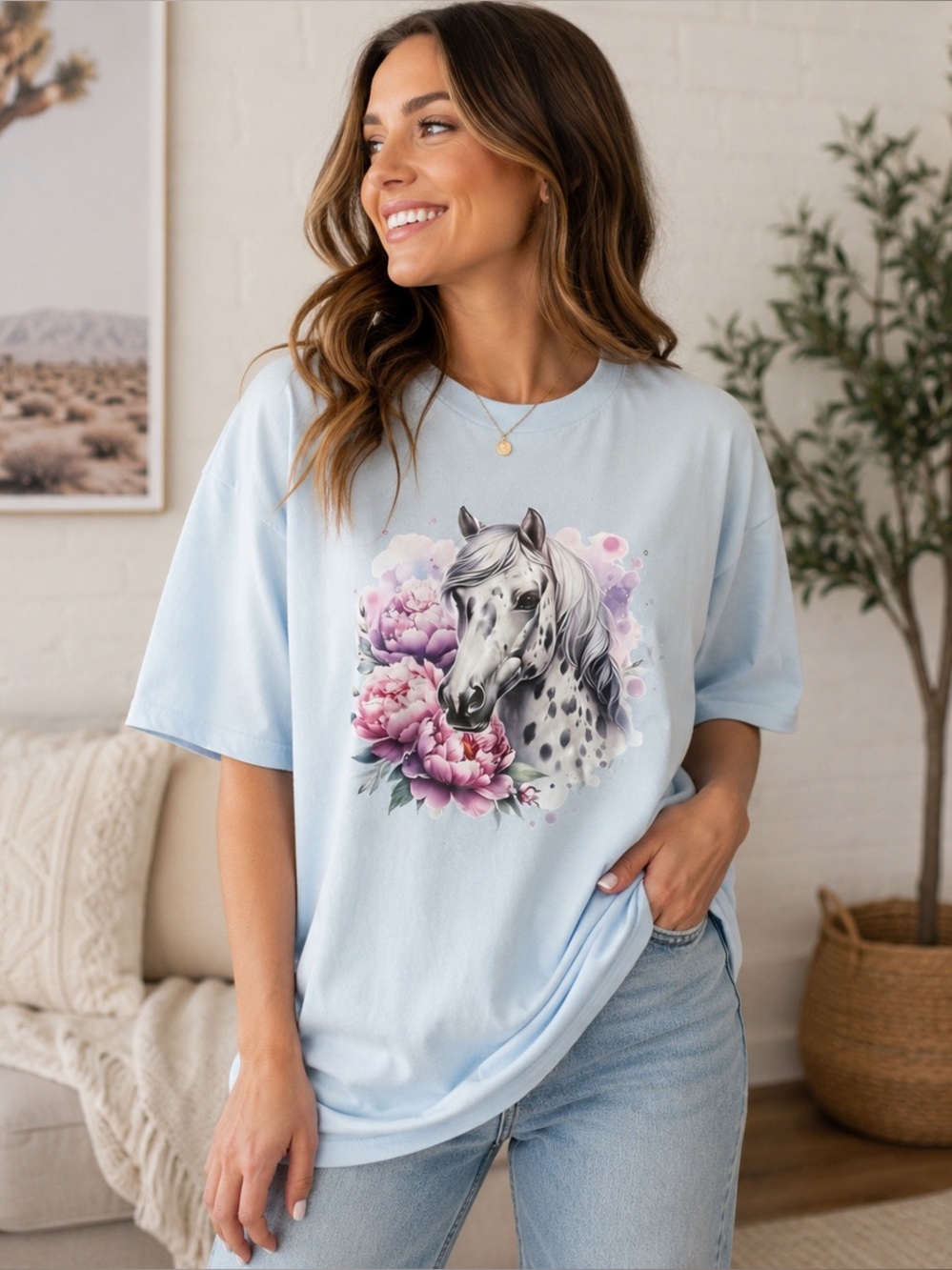 Light Blue Horse Graphic T-Shirt. PTP 23